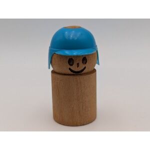 Kusan Wooden Peg Figure People Hat 2.25 Inch Blue Helmet Vintage